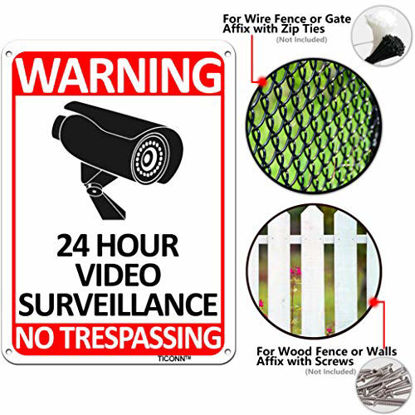 Picture of TICONN 4-Pack 24 Hour Video Surveillance Sign, No Trespassing Aluminum Warning Sign, 10x7 for CCTV Security Camera - Reflective, UV Protected