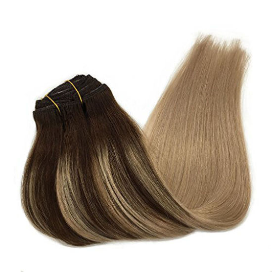 Picture of GOO GOO Hair Extensions Clip in Human Hair Ombre Chocolate Brown Highlighted Dirty Blonde Remy Clip in Human Hair Extensions Thick Straight Real Hair Extensions 18 inch 7pcs 120g