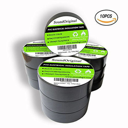Picture of Soundoriginal Black Electrical Tape 10 Pack 3/4-Inch by 30 Feet, Voltage Level 600V Dustproof, Adhesive for General Home Vehicle Auto Car Power Circuit Wiring Black