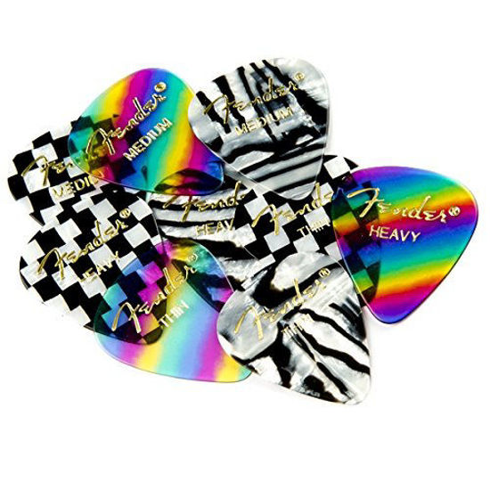 Picture of Fender 351 Shape Graphic Picks (12 Pack) for electric guitar, acoustic guitar, mandolin, and bass, 351 - Heavy, Multicolor (Zebra)