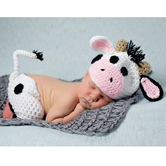 Picture of Baby Photography Props Boy Girl Photo Shoot Outfits Newborn Crochet Costume Infant Knitted Clothes Cow Hat Pants White