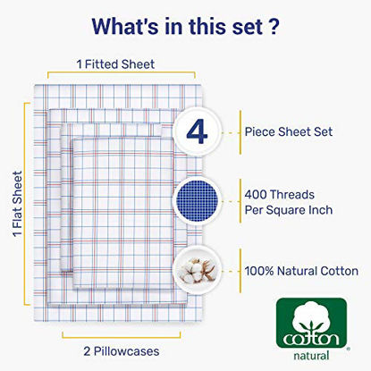 Picture of Americana Plaid Sheets Queen Size - 400 Thread Count Pure Cotton, Sateen Weave 4 Piece Checkered Bedding Set, Elasticized Deep Pocket Fits Low Profile Foam and Tall Mattresses