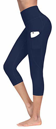 Picture of Lingswallow High Waist Yoga Pants - Yoga Pants with Pockets Tummy Control, 4 Ways Stretch Workout Running Yoga Leggings (Capris Navy Blue, Medium)