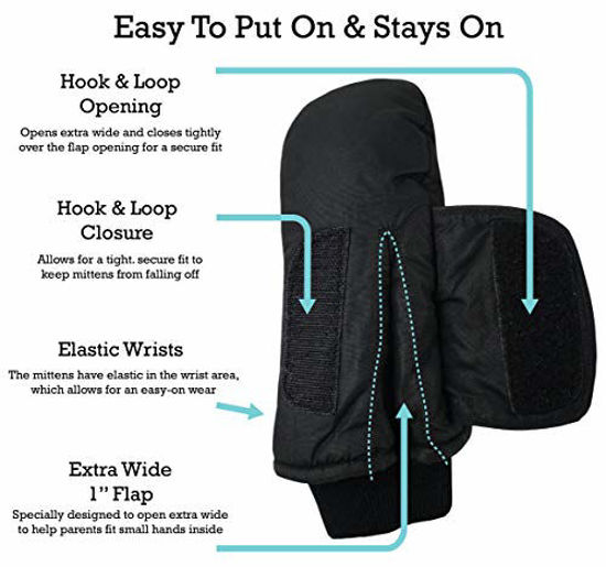 Picture of N'Ice Caps Kids Easy-On Wrap Waterproof Thinsulate Warm Winter Snow Mitten (Black 1, 1-2 Years)