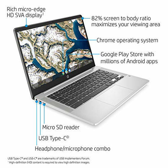 Picture of HP Chromebook 14-inch HD Laptop, Intel Celeron N4000, 4 GB RAM, 32 GB eMMC, Chrome (14a-na0010nr, Mineral Silver)