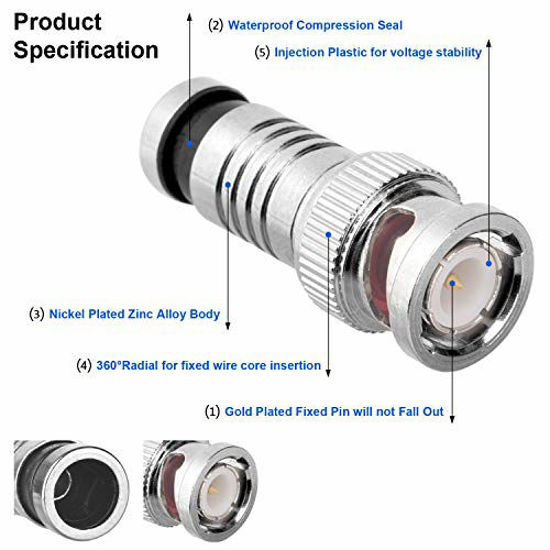 Picture of BNC Compression Connector,RG59 Crimper Video Plug Extension Coaxial Siamese Cable Connectors Coax Crimper Adapter 20PCS 75 Ohm Coupler with Copper Pin for CCTV Home Security Camera Antena System