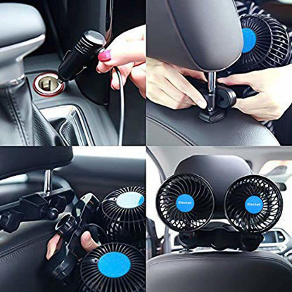 Picture of QIFUN Electric Car Fans for Rear Seat Passenger Portable Car Seat Fan, 4 Inches 12V Headrest 360° Rotatable Backseat Car Cooling Air Fan with Cigarette Lighter Plug for Vehicles, SUV, RV, Boat