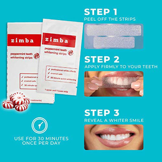 Picture of Zimba Teeth Whitening Strips - Zimba Whitening Strips - Teeth Whitening Formulated for Sensitive Teeth - White Strips Teeth Whitening - Natural, Enamel-Safe Whitening Strips (1 Pack, Peppermint)