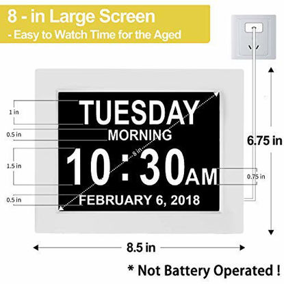 Picture of Upgraded Digital Calendar Alarm Day Clock - with 8" Large Screen Display, am pm, 5 Alarm, for Extra Large Impaired Vision People, The Aged Seniors, The Dementia, for Desk, Wall Mounted, White