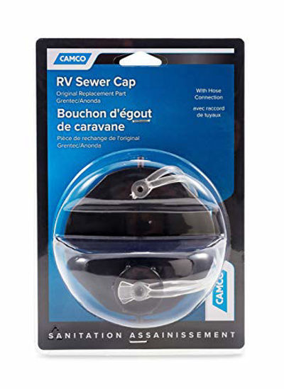 Picture of Camco Durable Sewer Cap with Hose Connection- Caps the Sewer Connection to Prevent Leaks, Easy Install and Simple Use (39463)