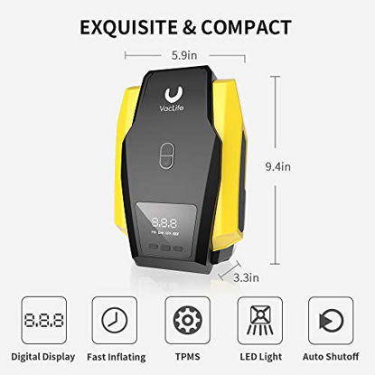 Picture of VacLife Air Compressor Tire Inflator, DC 12V Portable Air Compressor for Car Tires, Auto Tire Pump with LED Light, Digital Air Pump for Car Tires, Bicycles and Other Inflatables, Yellow(VL701)