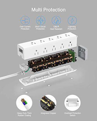 Picture of Long Power Strip, TESSAN Surge Protector 3 Sided with 15 AC Outlets and 3 USB Charging Ports, Flat Plug Extension Cord 6 Feet 1875W/15A, 1050 Joules, Mountable, White