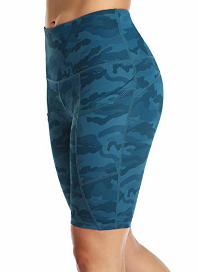 GetUSCart- Oalka Women's Short Yoga Side Pockets High Waist Workout Running  Shorts Multi Teal Camo X-Large