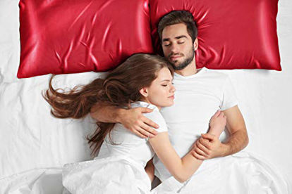 Picture of Love's cabin Silk Satin Pillowcase for Hair and Skin (Red, 20x30 inches) Slip Pillow Cases Queen Size Set of 2 - Satin Cooling Pillow Covers with Envelope Closure