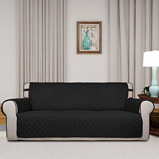 Picture of PureFit Reversible Quilted Sofa Cover, Water Resistant Slipcover Furniture Protector, Washable Couch Cover with Non Slip Foam and Elastic Straps for Kids, Dogs, Pets (Oversized Sofa, Black/Beige)