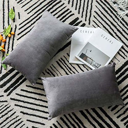 Picture of DEZENE Throw Pillow Covers 12x20 Dark-Grey: 2 Pack Cozy Soft Velvet Rectangular Decorative Pillow Cases for Farmhouse Home Decor