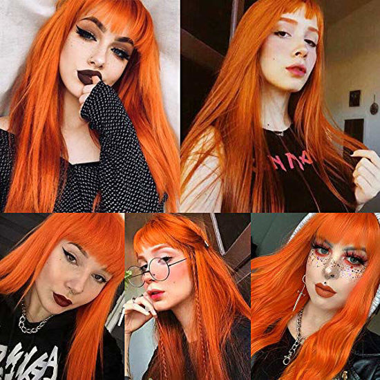 Picture of QD-Tizer Orange Color Synthetic Hair Replacement Wigs with Bangs Heat Resistant None Lace Wigs for Fashion Women Cosplay Costume