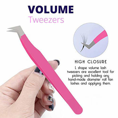 Picture of SIVOTE Lash Tweezers, Pack of 3 Stainless Steel Tweezers for Eyelash Extensions | Straight, Curved Tip and Volume | False Lash Application Tools Set- Pink