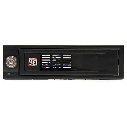 Picture of StarTech.com 5.25in Trayless Hot Swap Mobile Rack for 3.5in Hard Drive - Internal SATA Backplane Enclosure - Lockable drive bay (HSB100SATBK) Black