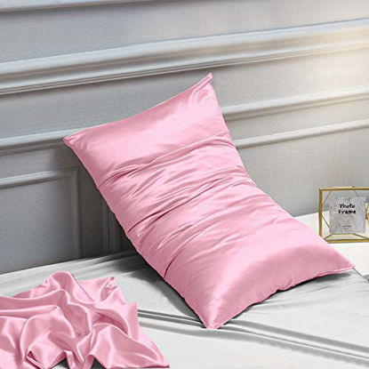Picture of NTBAY 2 Pack Satin Standard Pillowcases for Hair and Skin, Luxurious and Silky Pillow Cases with Envelope Closure, 20 x 26 Inches, Pink