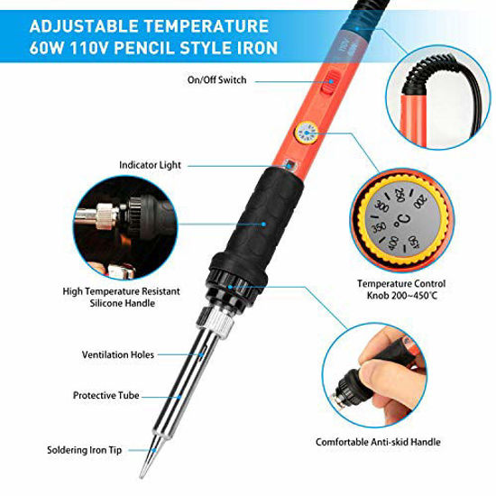 Picture of Soldering Iron Kit, 60W Soldering Iron with Ceramic Heater, 4-in-1 Adjustable Temperature Soldering Welding Iron Kit for any Hobby Enthusiast 110V US Plug