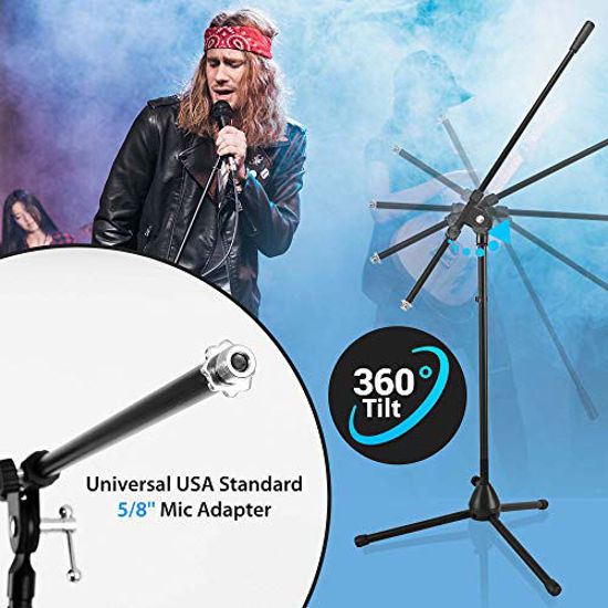 Picture of Pyle Heavy Duty Microphone Stand - Height Adjustable from 51.2'' to 78.75'' Inch High w/ Extendable Telescoping Boom Arm 29.5'' and Stable Tripod Base - Clutch in T-Bar Adjustment Point PMKS56