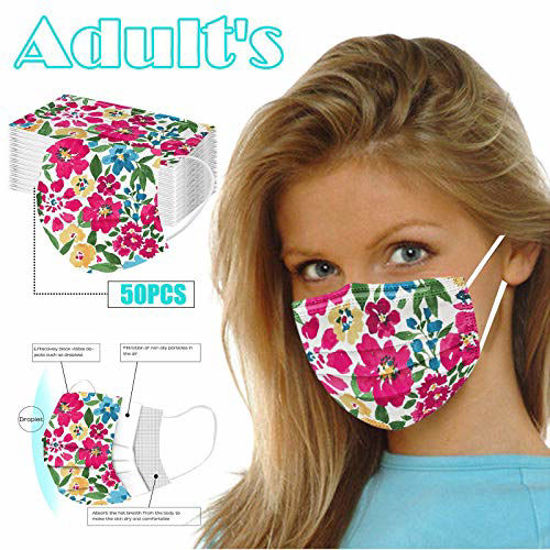 Picture of CHENSEN Adults Disposable Face Mask 50Pack 3Ply Floral Cute Protective Breathable Earloop Holiday Masks For Women Men