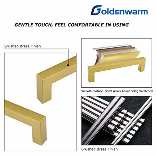 Picture of goldenwarm Brushed Brass Cabinet Hardware Kitchen Cabinet Handles 50 Pack - LSJ12GD76 Square Dresser Drawer Handles for Cabinets Hardware Brushed Brass Pulls 3"(76mm) Hole Centers,5"(128mm) Overall