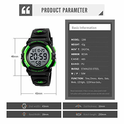 Picture of Boys Digital Watch Outdoor Sports 50M Waterproof Electronic Watches Alarm Clock 12/24 H Stopwatch Calendar Boy Girl Wristwatch - Green