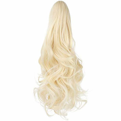 Picture of Felendy Ponytail Extension Claw 18" 20" Curly Wavy Straight Clip in Hairpiece One Piece A Jaw Long Pony Tails for Women Bleach Blonde