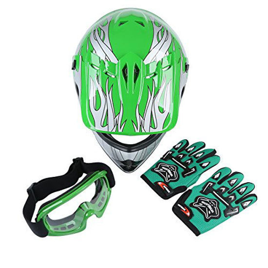 XFMT Youth Kids Motocross Offroad Street Dirt Bike Helmet Goggles Gloves Atv Mx Helmet Green Flame M