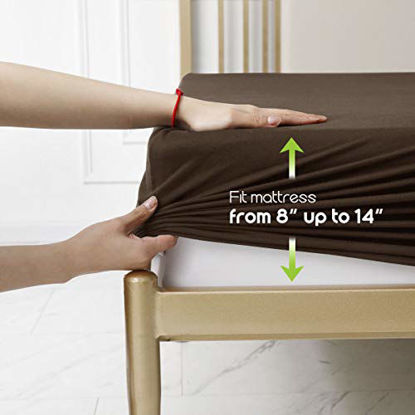 Picture of COSMOPLUS Fitted Sheet Queen Fitted Sheet OnlyNo Flat Sheet or Pillow Shams,4 Way Stretch Micro-Knit,Snug Fit,Wrinkle Free,for Standard Mattress and Air Bed Mattress from 8 Up to 14,Brown