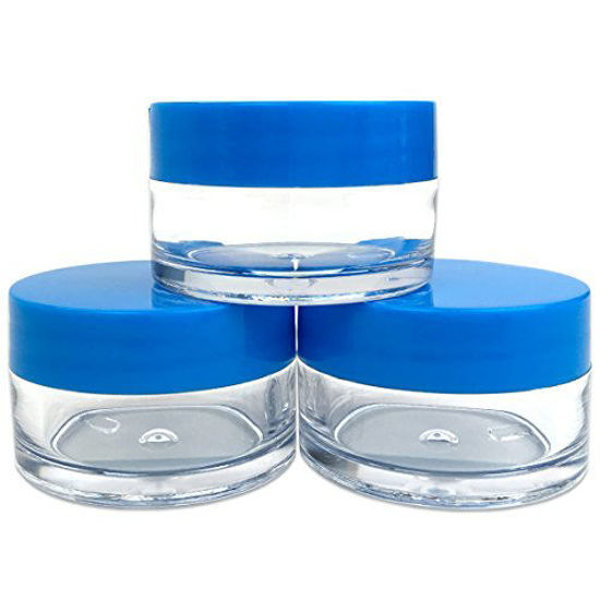 Picture of Beauticom 20 gram/20ml Empty Clear Small Round Travel Container Jar Pots with Lids for Make Up Powder, Eyeshadow Pigments, Lotion, Creams, Lip Balm, Lip Gloss, Samples (48 Pieces, Blue)