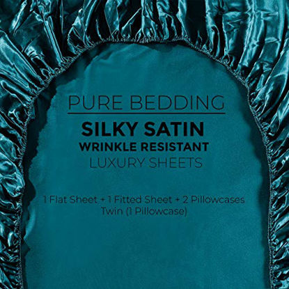 Picture of Satin Sheets California King [4-Piece, Teal] Luxury Silky Bed Sheets - Extra Soft 1800 Microfiber Sheet Set, Wrinkle, Fade, Stain Resistant - Deep Pocket Fitted Sheet, Flat Sheet, Pillow Cases