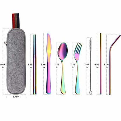 Picture of Devico Portable Utensils, Travel Camping Cutlery Set, 8-Piece including Knife Fork Spoon Chopsticks Cleaning Brush Straws Portable Case, Stainless Steel Flatware set (8-piece Rainbow)