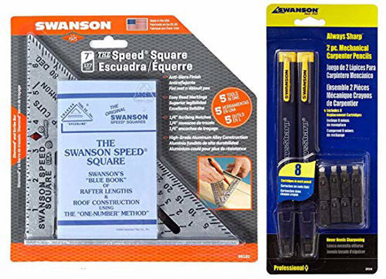 Picture of Swanson Tool Co S0101CP216 Value Pack includes 7-Inch Speed Square with Blue Book and 2-Pack AlwaysSharp Carpenter Pencils with Extra Black Graphite Replacement Tips