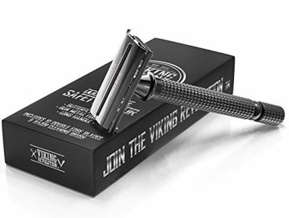 Picture of Long Handle Double Edge Safety Razor - Butterfly Open Razor with 10 Japanese Stainless Steel Double Edge Safety Razor Blades - Close, Clean Shaving Razor for Men.