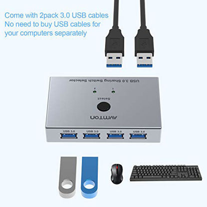 Picture of AVMTON USB 3.0 Switch Selector 2 Computers Sharing 4 USB Devices 4 Port USB Peripheral Switcher Box 2 in 4 Out with One-Button Swapping 2 Pack USB 3.0 Cable for Mouse, Keyboard, Scanner, Printer, PCs