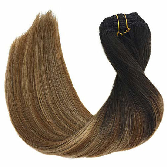 Picture of GOO GOO Remy Hair Extensions Clip in Human Hair Extensions Ombre Dark Brown Fading to Chestnut Brown and Dirty Blonde Ombre Clip in Extensions Balayage Hair Extensions 7pcs 120g 22 inch