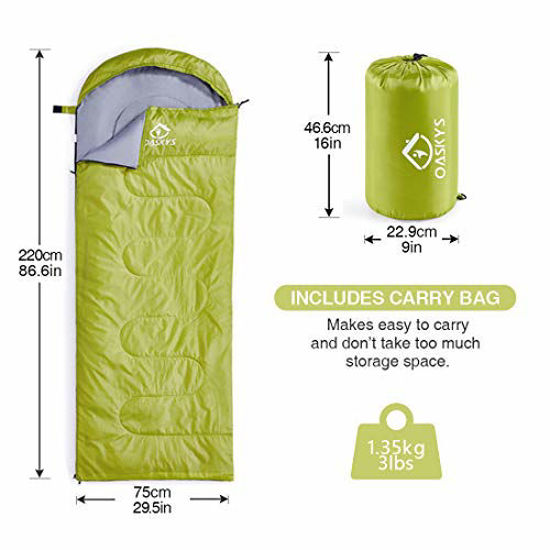 GetUSCart- oaskys Camping Sleeping Bag - 3 Season Warm & Cool Weather -  Summer, Spring, Fall, Lightweight, Waterproof for Adults & Kids - Camping  Gear Equipment, Traveling, and Outdoors (Light Green, 7530inch)