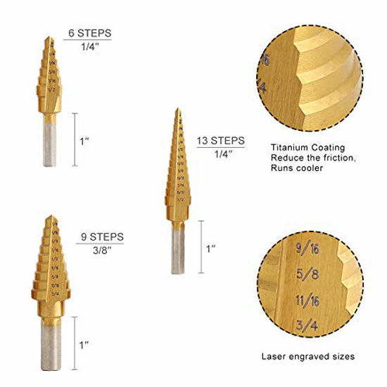 Picture of COMOWARE Step Drill Bit Set - Titanium Coated, Double Cutting Blades, High Speed Steel, Short Length Drill Bits Set of 3 pcs, Total 28 Sizes