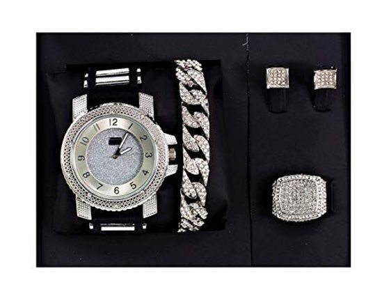 Picture of Bling-ed Out It's Lit! Hip Hop Watch & Jewerly Set w/Cuban Chain Bracelet, Kite Bling Earrings & Ring - GJM13 (10, Silver)