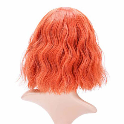 Picture of VCKOVCKO Short Bob Wigs Pastel Wavy Wig With Air Bangs Women's Shoulder Length Wigs Curly Wavy Synthetic Cosplay Wig Pastel Bob Wig for Girl Colorful Costume Wigs(12", Orange)