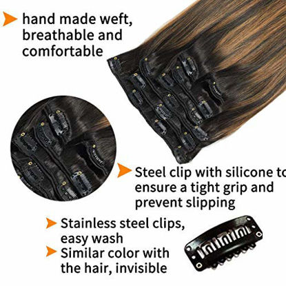 Picture of GOO GOO Hair Extensions Clip in Human Hair Ombre Natural Black to Chestnut Brown 120g 7pcs 14 Inch Remy Human Hair Extensions Clip in Natural Hair Extensions Straight Real Hair Extensions