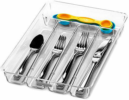 Picture of madesmart Clear Mini Silverware Tray - Light Grey | CLEAR CLASSIC COLLECTION | 5-Compartments | 12.88" x 9.13" | Kitchen Drawer Organizer | Soft-Grip Lining and Non-Slip Rubber Feet | BPA-Free