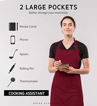 Picture of Syntus 2 Pack Adjustable Bib Apron Waterdrop Resistant with 2 Pockets Cooking Kitchen Aprons for BBQ Drawing, Women Men Chef, Dark Red