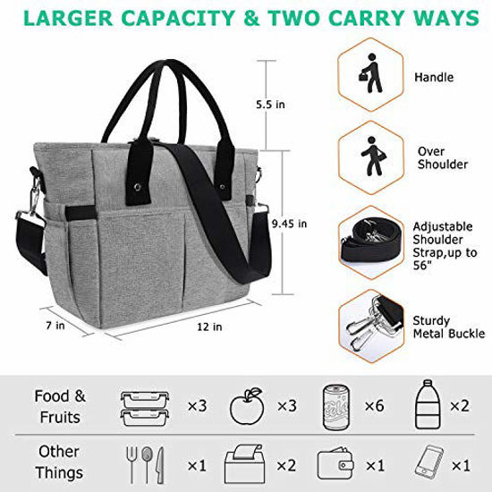 Picture of KIPBELIF Insulated Lunch Bags for Women - Large Tote Adult Lunch Box for Women with Shoulder Strap, Side Pockets and Water Bottle Holder, Gray, Extra Large Size