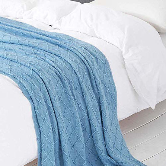 Picture of Bourina Textured Solid Soft Sofa Throw Couch Cover Knitted Decorative Blanket, Blue, 60"x80"