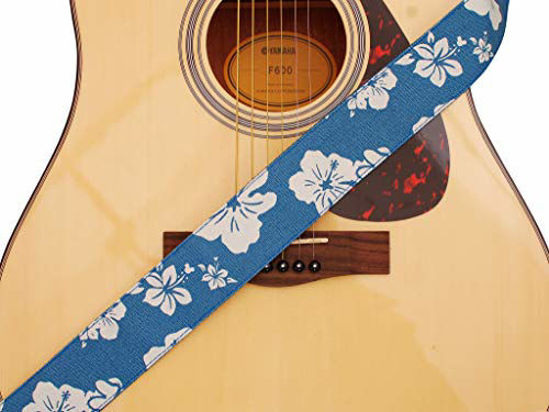 Picture of MUSIC FIRST Original Design, 2 inch width (5cm), Hawaii Style Blue and White Plumeria Soft Cotton & Genuine Leather Delux Banjo Strap, With 2 pieces of MUSIC FIRST Leather Strap Locker.