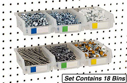 Picture of Pegboard Bins - 18 Pack Clear - Hooks to Any Peg Board - Organize Hardware, Accessories, Attachments, Workbench, Garage Storage, Craft Room, Tool Shed, Hobby Supplies, Small Parts